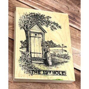 IMPRESSION OBSESSION K1034 19TH HOLE WOOD MOUNTED RUBBER STAMP GOLF OUTHOUSE